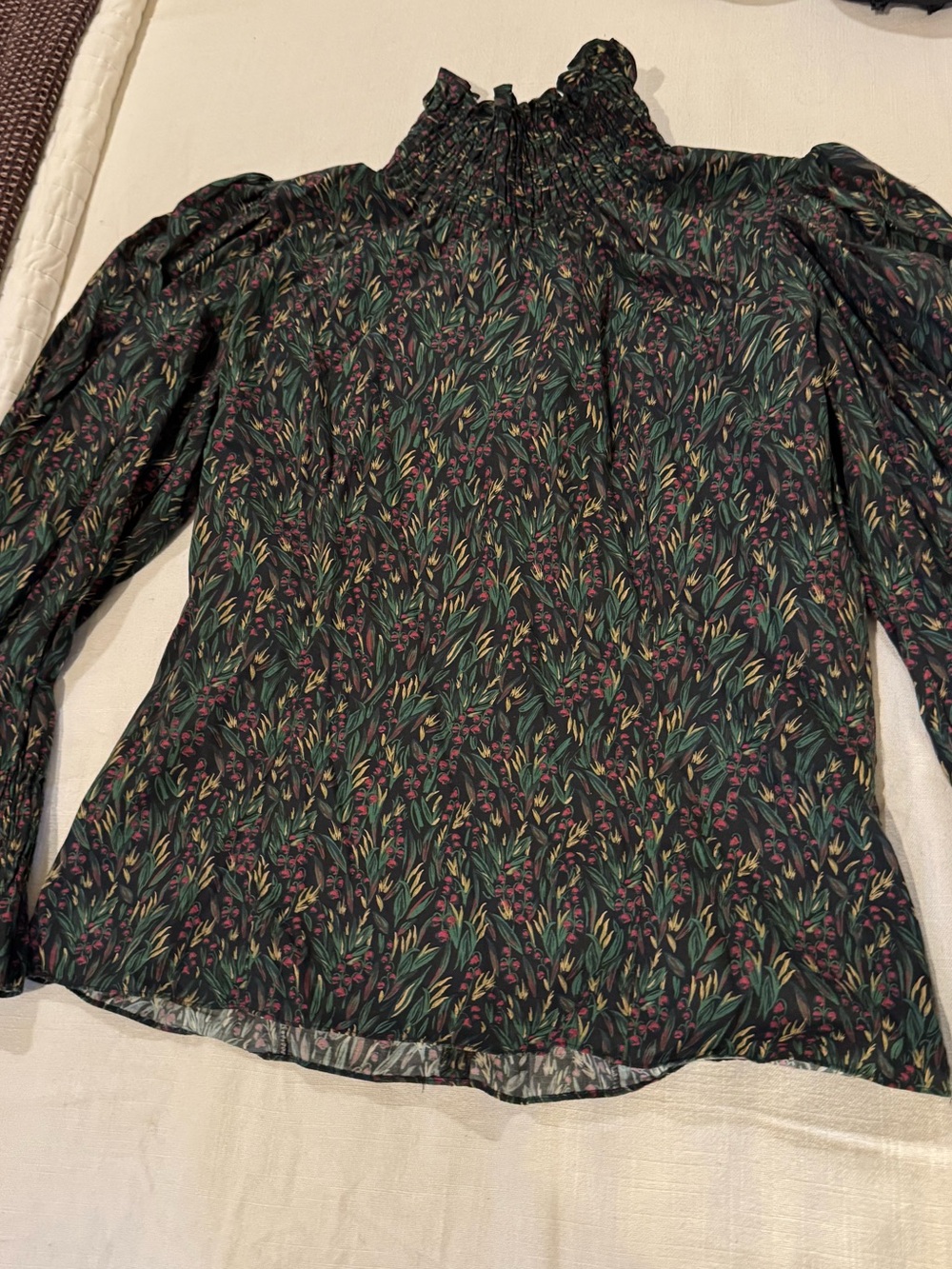 Zara Black High-Neck Floral Smocked Blouse